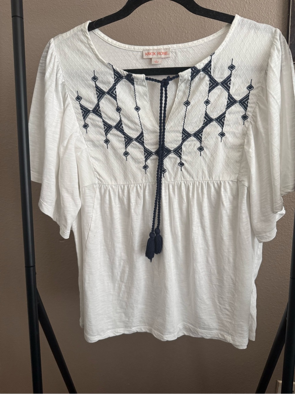 Knox Rose White Tunic Top with Navy Embroidery